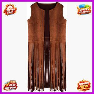 Large Faux Suede Fringe Vest Western Cowgirl Tassel Sleeveless